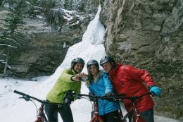 Fat Bike Frozen Waterfall Tour waterfall selfie, Kananaskis, Alberta.