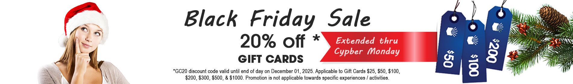 Black Friday Sale 20% off Gift Cards (GC20 discount code valid until end of day on November 28, 2025.)